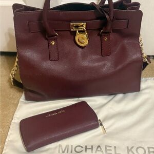 Michael Kors Wine Leather Satchel with Gold Accents